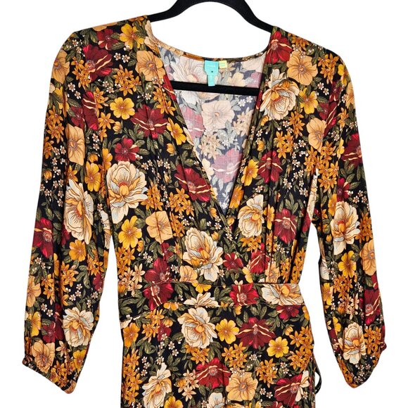 Farm Rio Madrid Maxi Dress Anthropologie Floral Gold Yellow‎ Wrap High Low XS - Picture 6 of 12